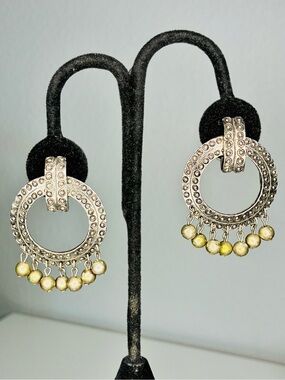 Vintage Signed Silver Door Knocker Clip Earrings w/Accent Drops Southwestern EUC